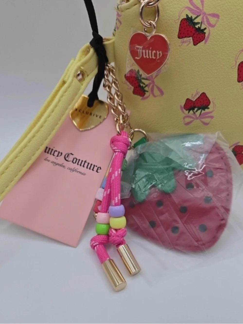 Juicy Couture Yellow Strawberry Print Kids Wristlet with Charm - Picture 2 of 4